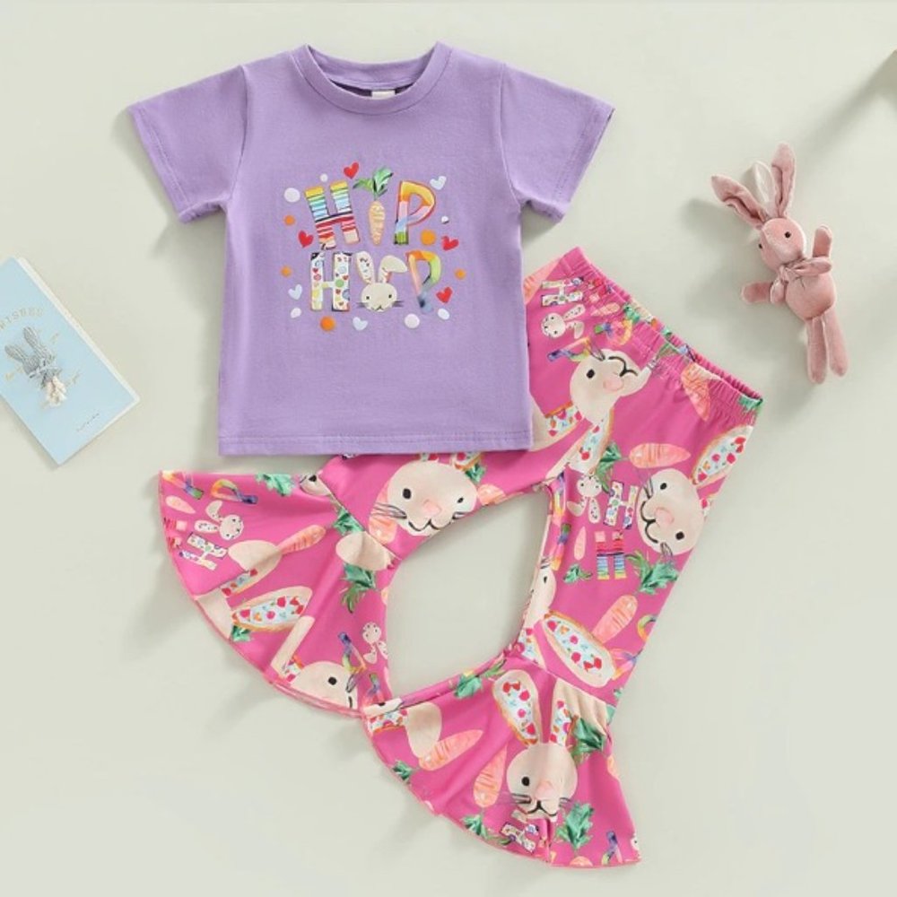 Easter Bunny Hip Hop Shirt & Bell Bottoms Girls Outfit Set